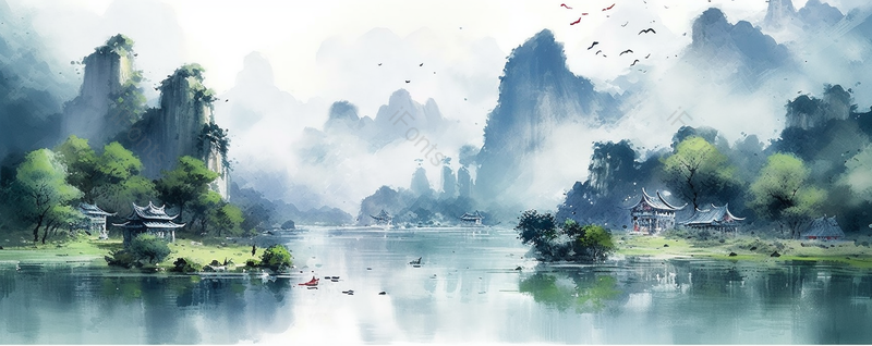 新中式湖边仙气缭绕背景,插画/手绘图,插画/手绘图库,插画/手绘图下载,插画/手绘